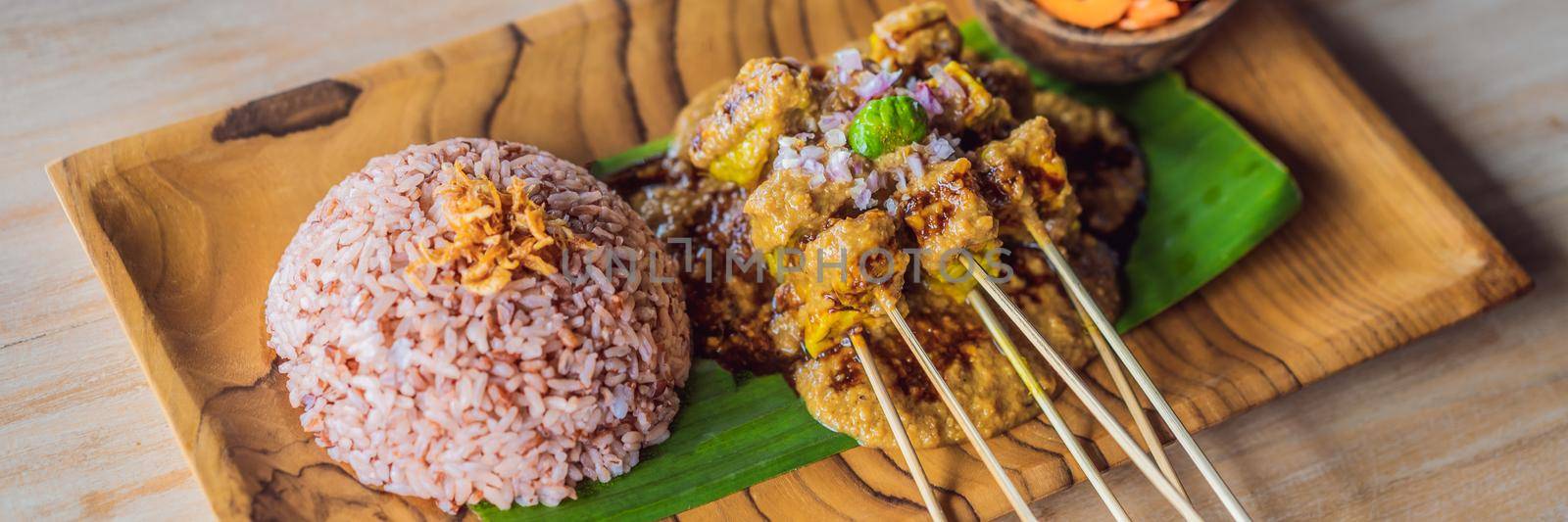 Indonesian lunch set menu, rice, vegetables, tempe BANNER, LONG FORMAT by galitskaya
