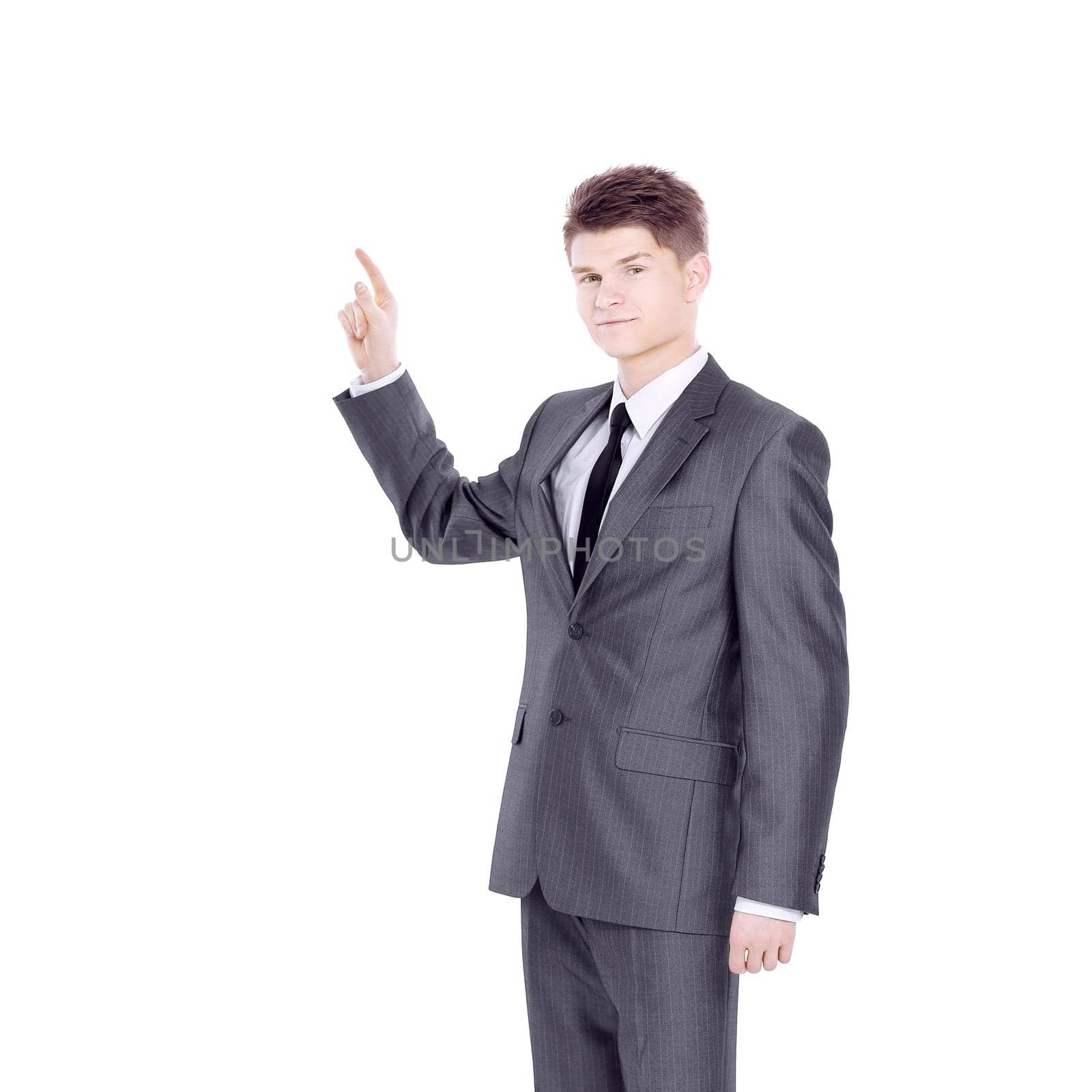 businessman pointing up on copy space. isolated