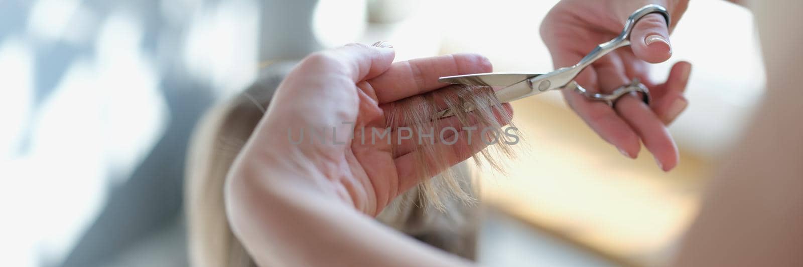 Hairdresser cuts woman's hair with scissors, hand close-up by kuprevich
