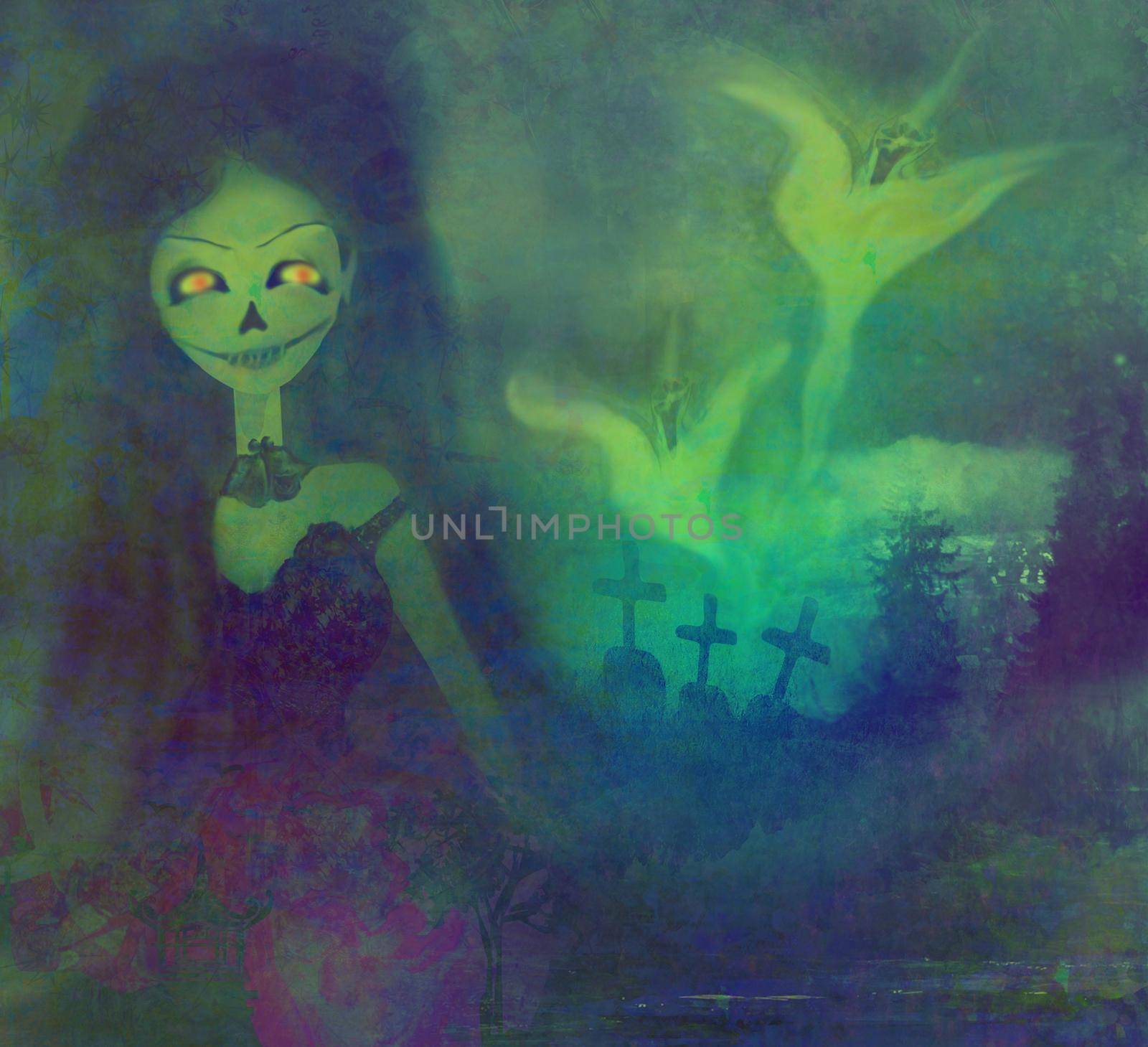 scary ghost floating on a graveyard at night by JackyBrown