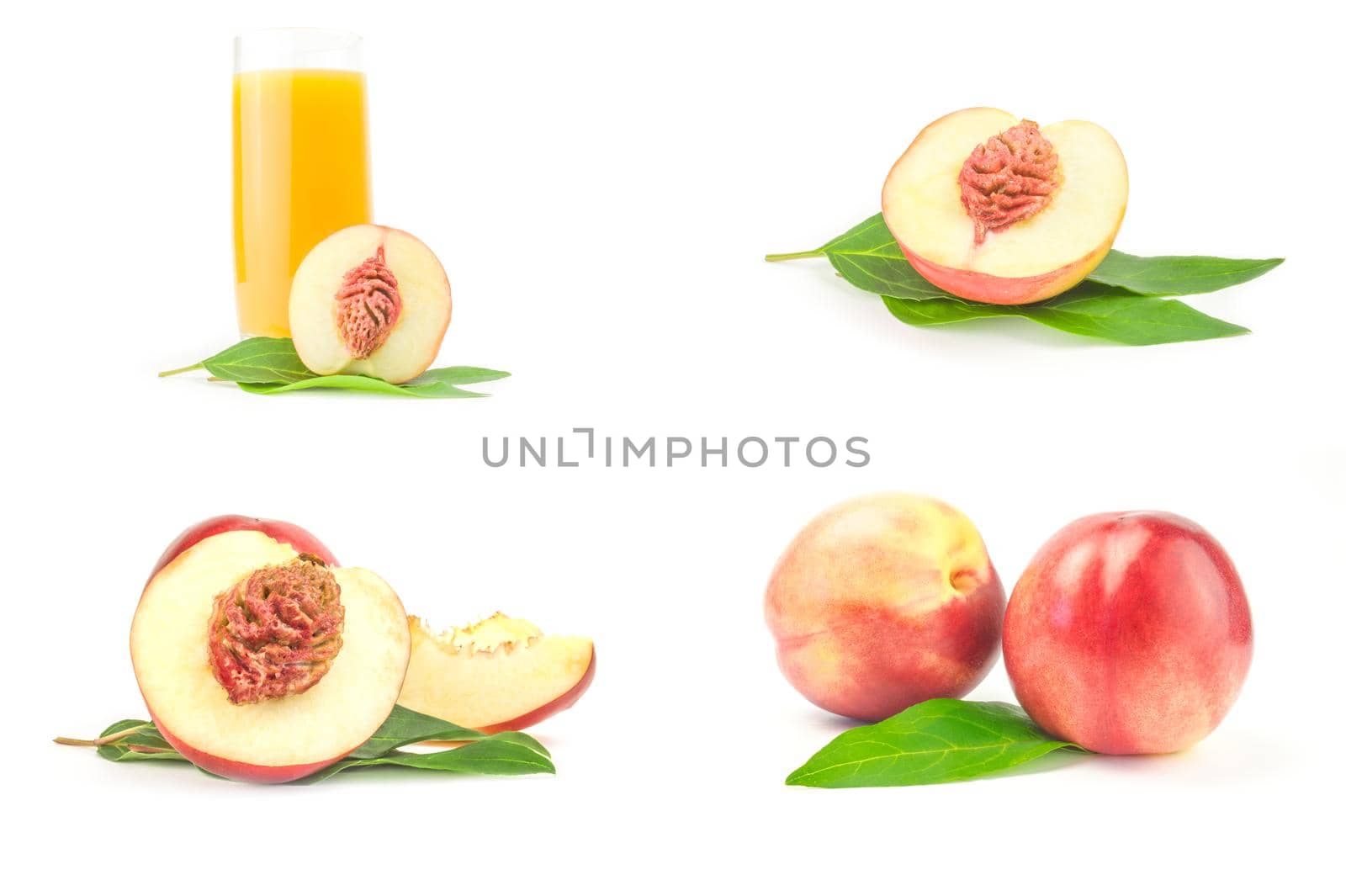 Collage of juicy ripe peaches on a isolated white background