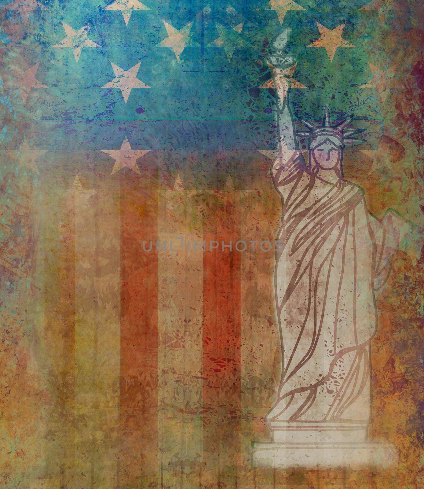 Grunge illustration of the american flag with the Statue of Liberty by JackyBrown