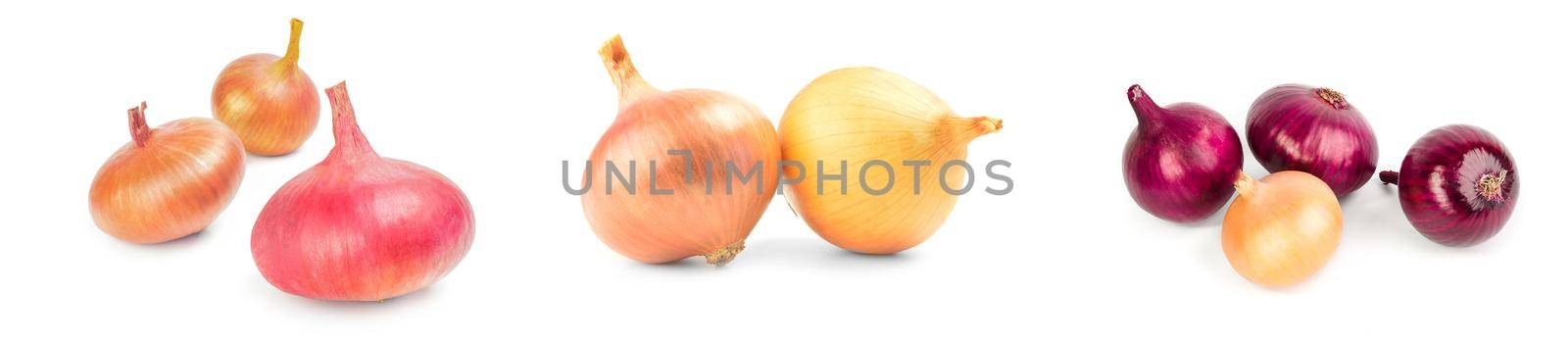 Set of Fresh bulbs of onion over a white background