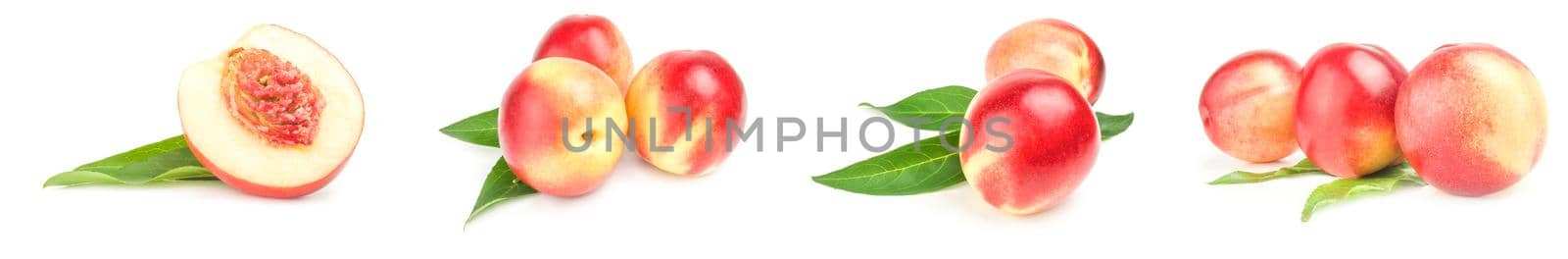 Collection of fresh peaches fruits isolated on a white background cutout