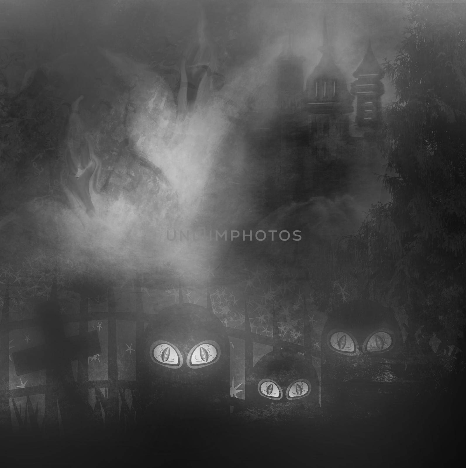 Halloween terrible illustration with a ghost in front of a haunted house. by JackyBrown