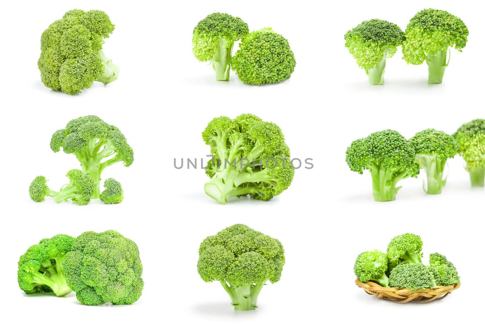 Collection of fresh green broccoli isolated over a white background
