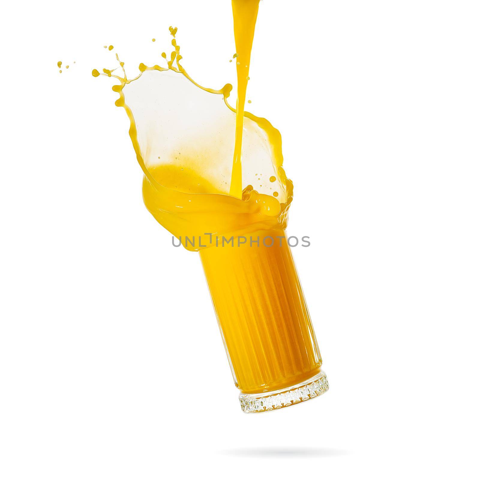 orange juice splash isolated on white. glass of splashing orange juice. close up. stock photo by PhotoTime