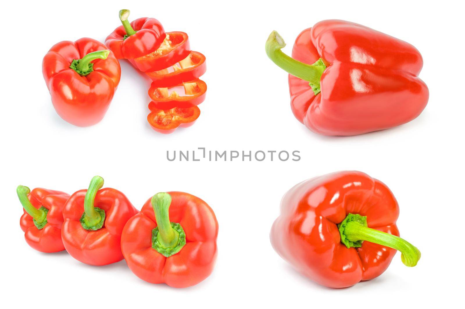 Collection of red bell peppers over a white background