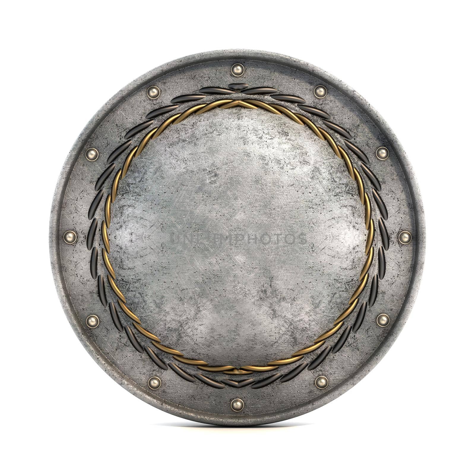 Round metal shield isolated on white background. 3D illustration.