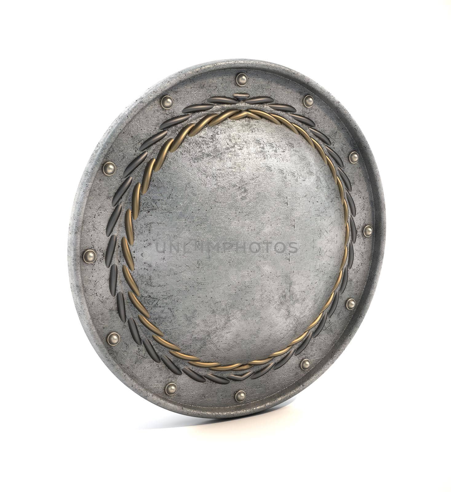 Round metal shield isolated on white background. 3D illustration.