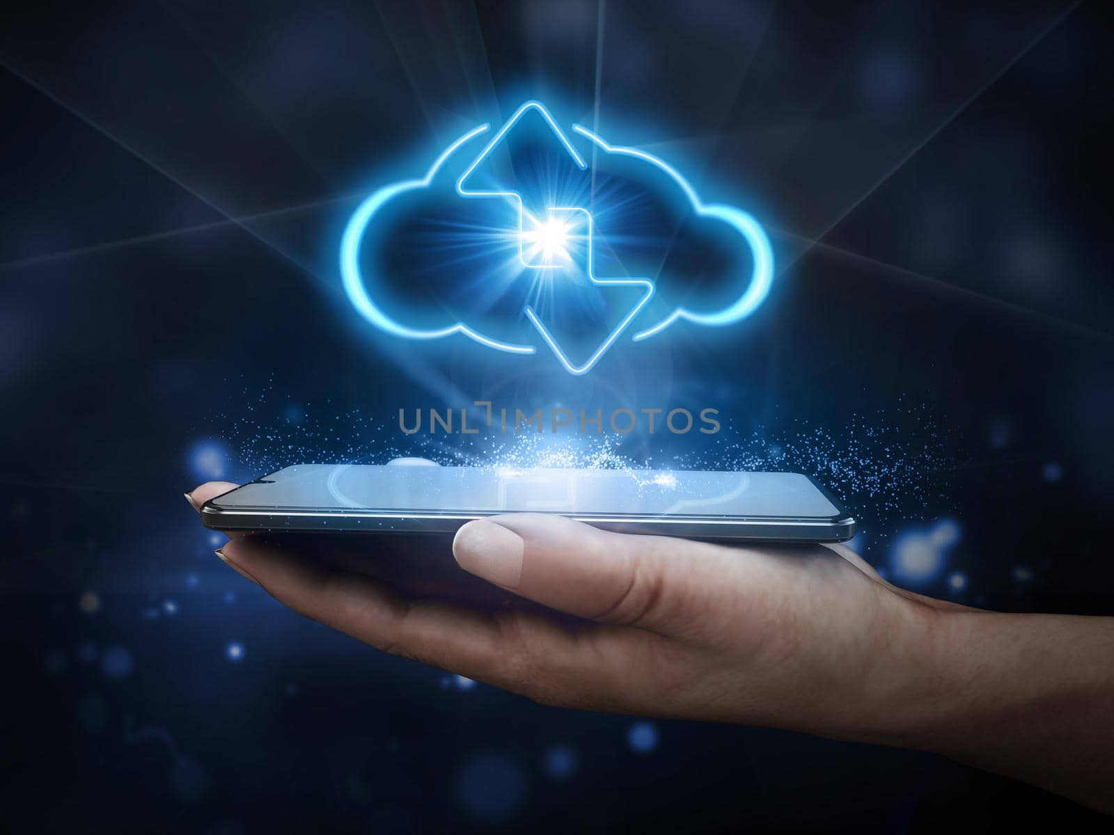 Cloud shape and download upload arrows on smartphone in hand. 3D illustration by Simsek