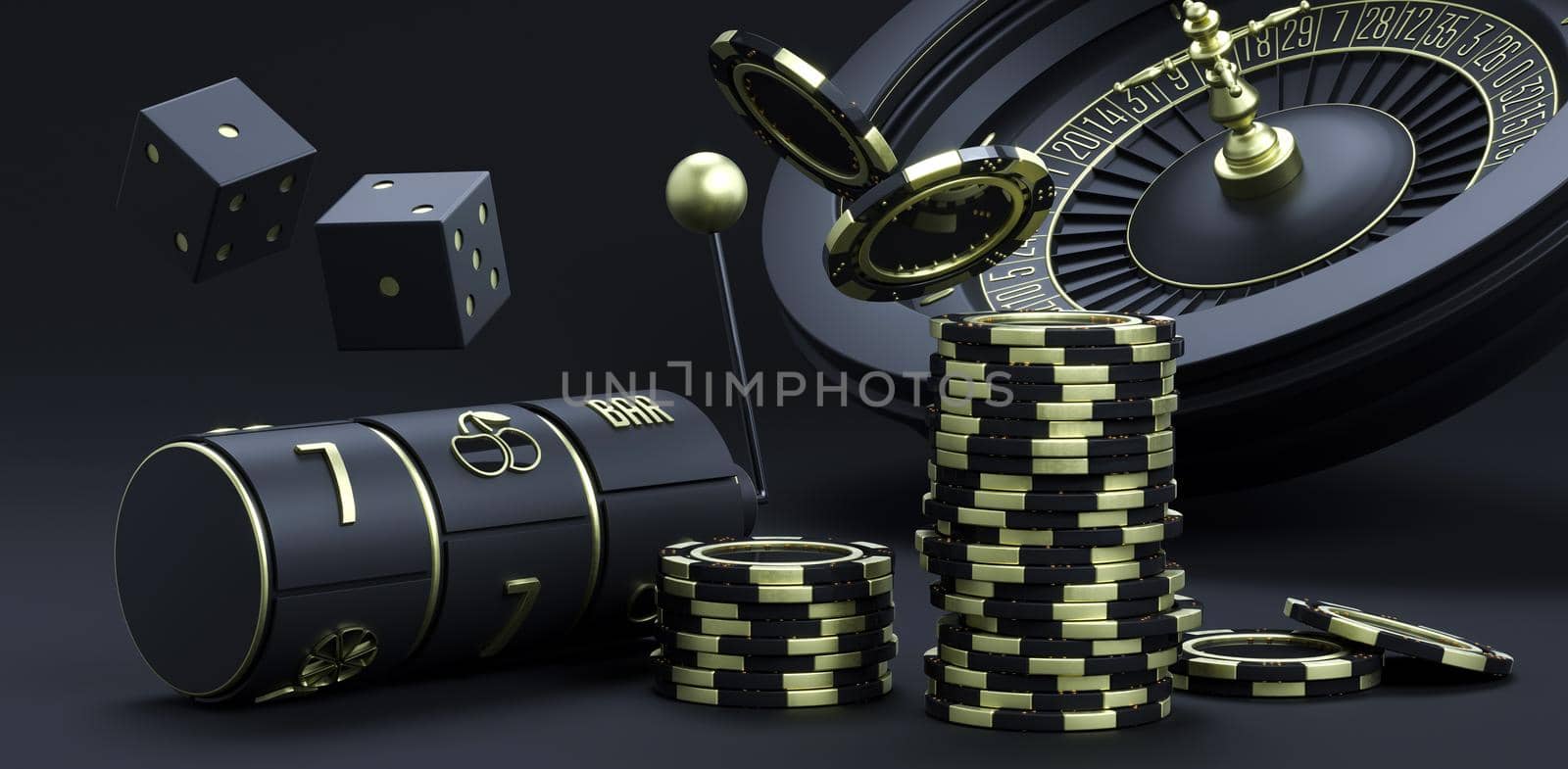 Luxury casino background with roulette wheel poker chips and dice. Online casino dark theme background. Close-up black casino roulette elements. Poker game table. 3d rendering illustration