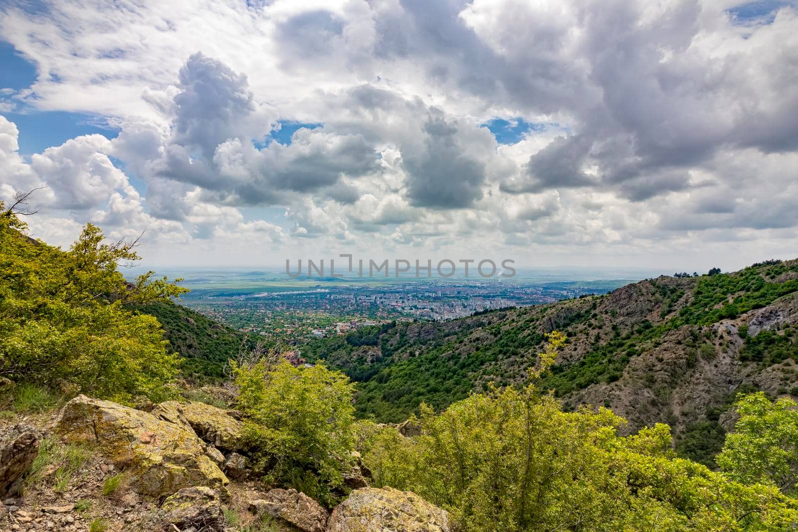 Spectacular view over the city from the top of the mountain. Sliven. Bulgaria