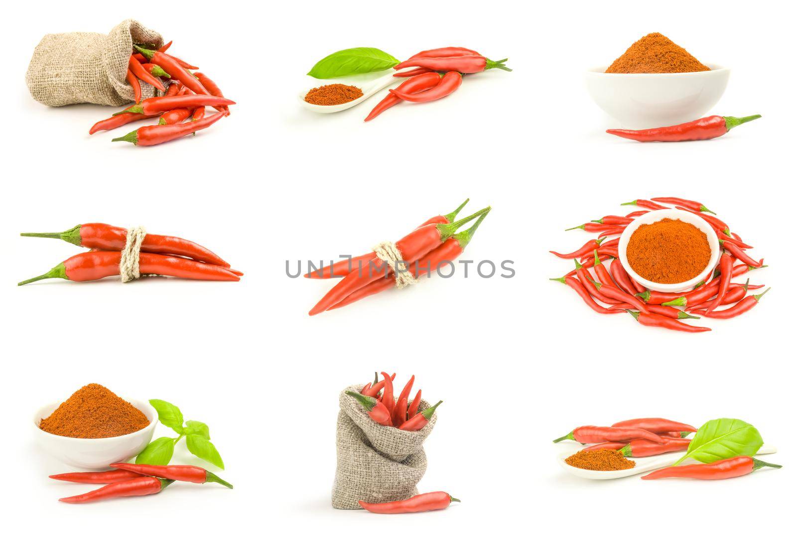 Collage of red chili on a white background cutout