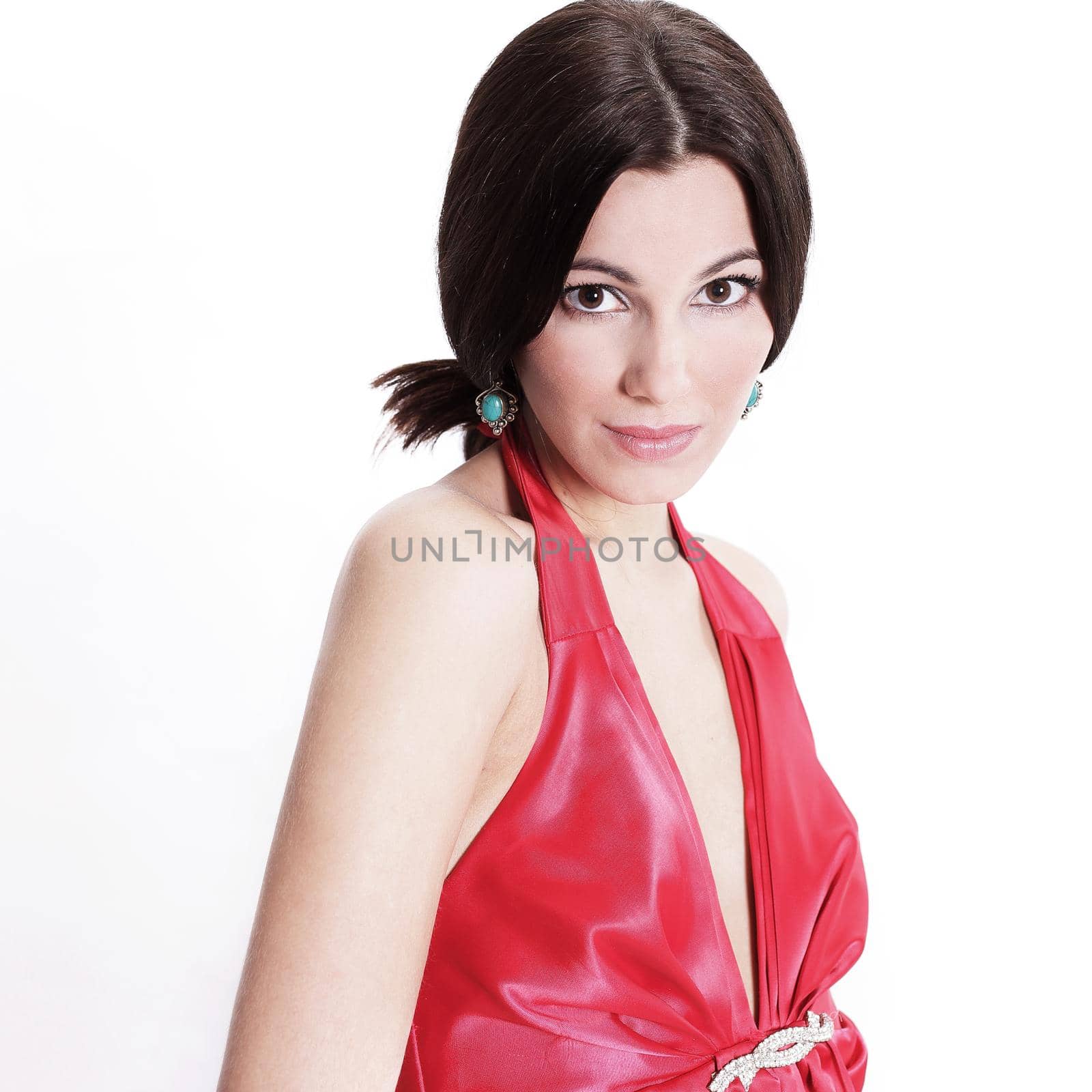 closeup . portrait of a young woman in a red dress by SmartPhotoLab