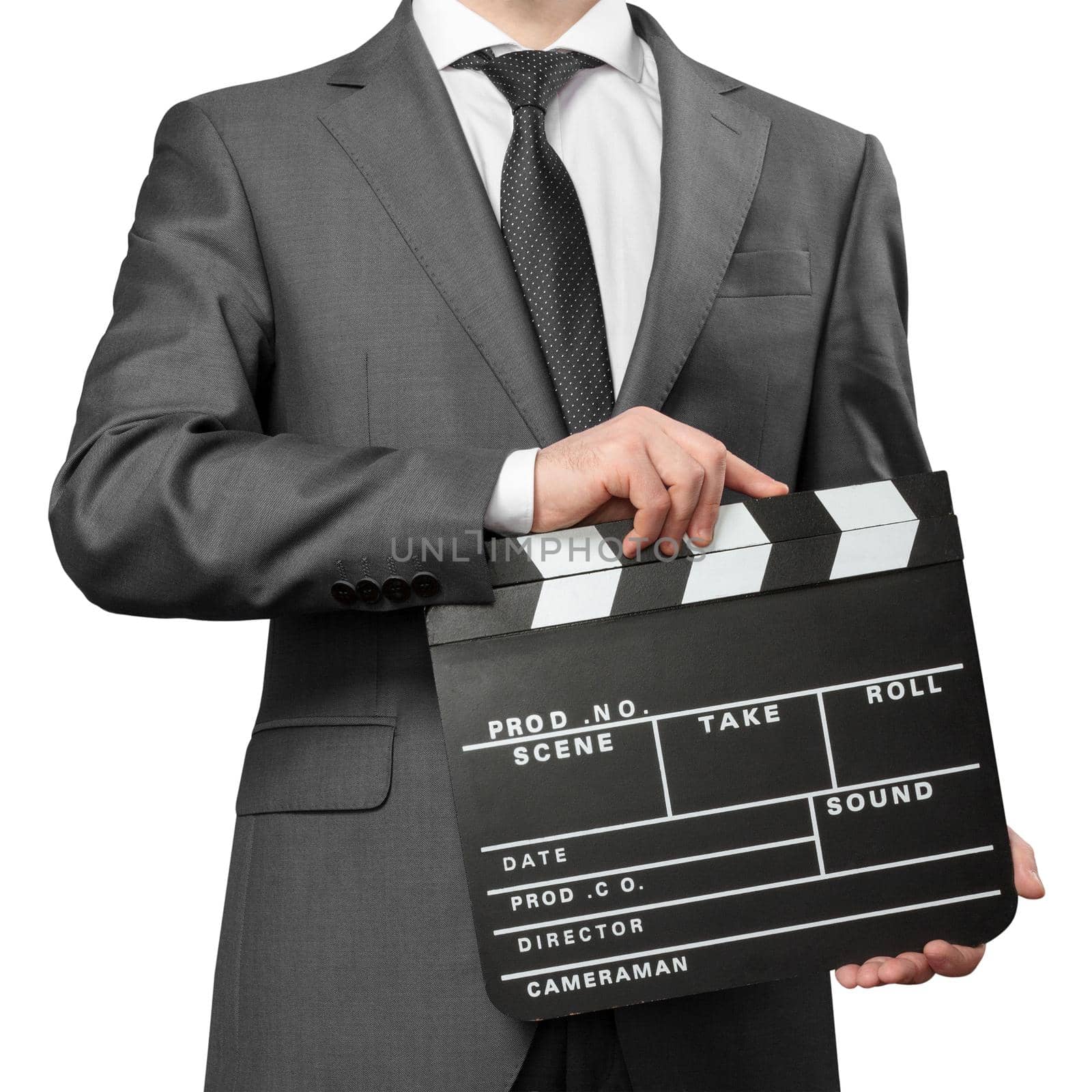 Man wearing costume holding clapper board on white background