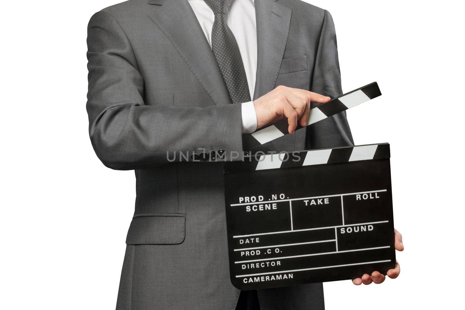 Man holding movie clapper board on white by dmitryz