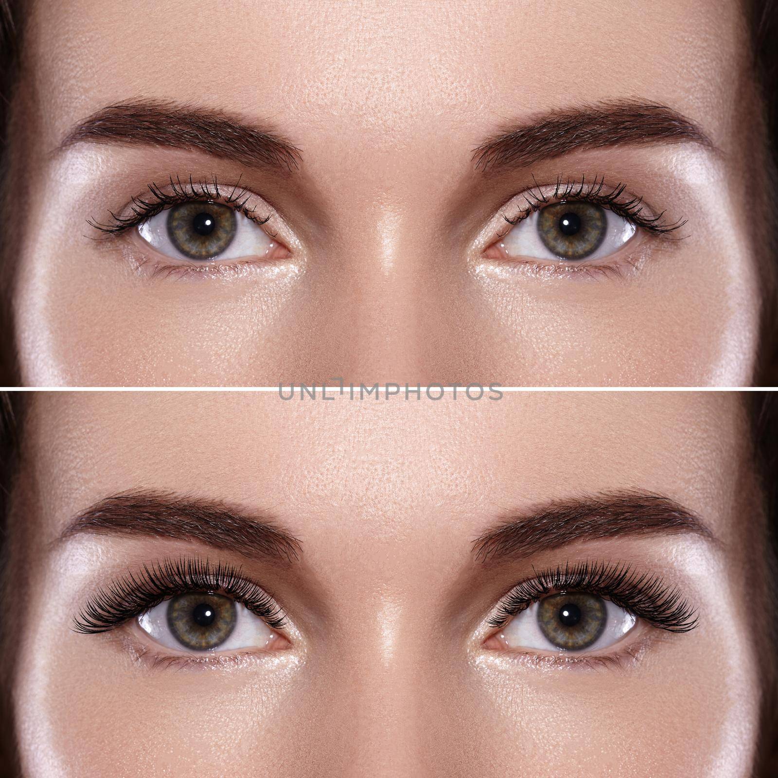 Perfect shape of eyebrows and extremly long eyelashes. Macro shot of fashion eyes visage. Before and after by MarinaFrost