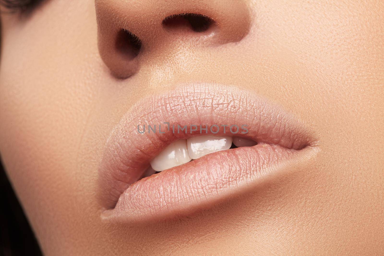 Perfect Natural Lip Makeup. Close Up Macro Photo with Perfect Clean Skin, Light Fresh Lip Make-up. Beautiful Spa Lips by MarinaFrost