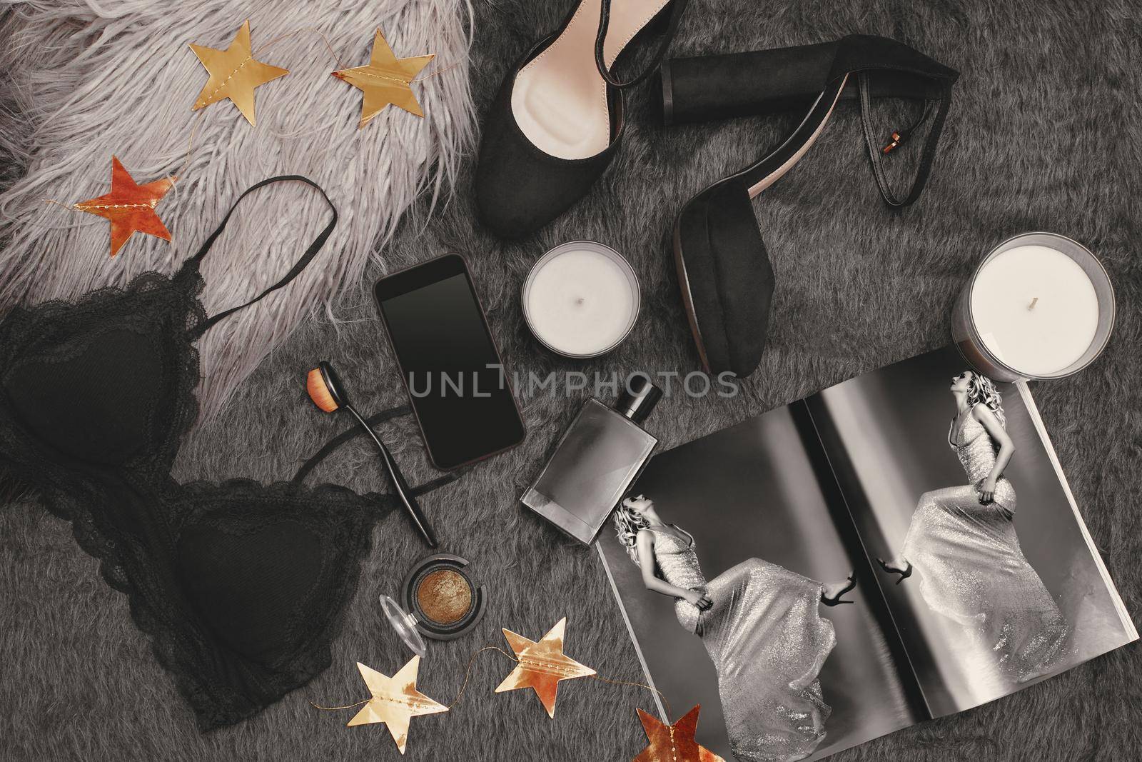 Female Fashion Style Background. Clothes Flat Lay with Shoes, Fragrance, Lingerie and Phone. Black Friday sale and online shopping