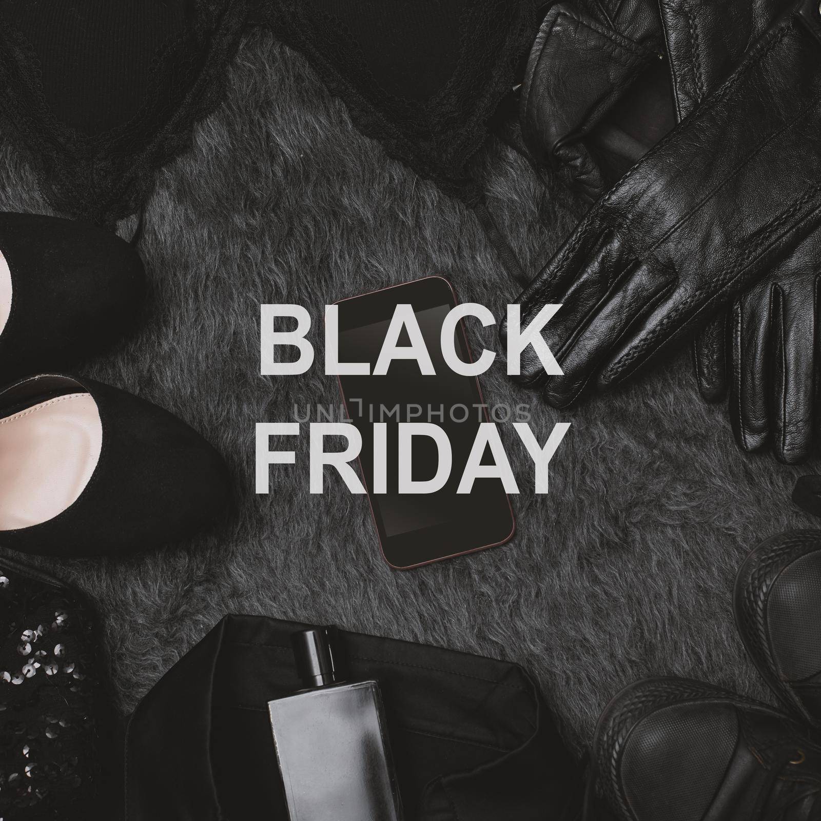 Black Friday Sale Fashion Background. Clothes Flat Lay with Shoes, Fragrance, Lingerie and Phone. Offer Shop Concept by MarinaFrost