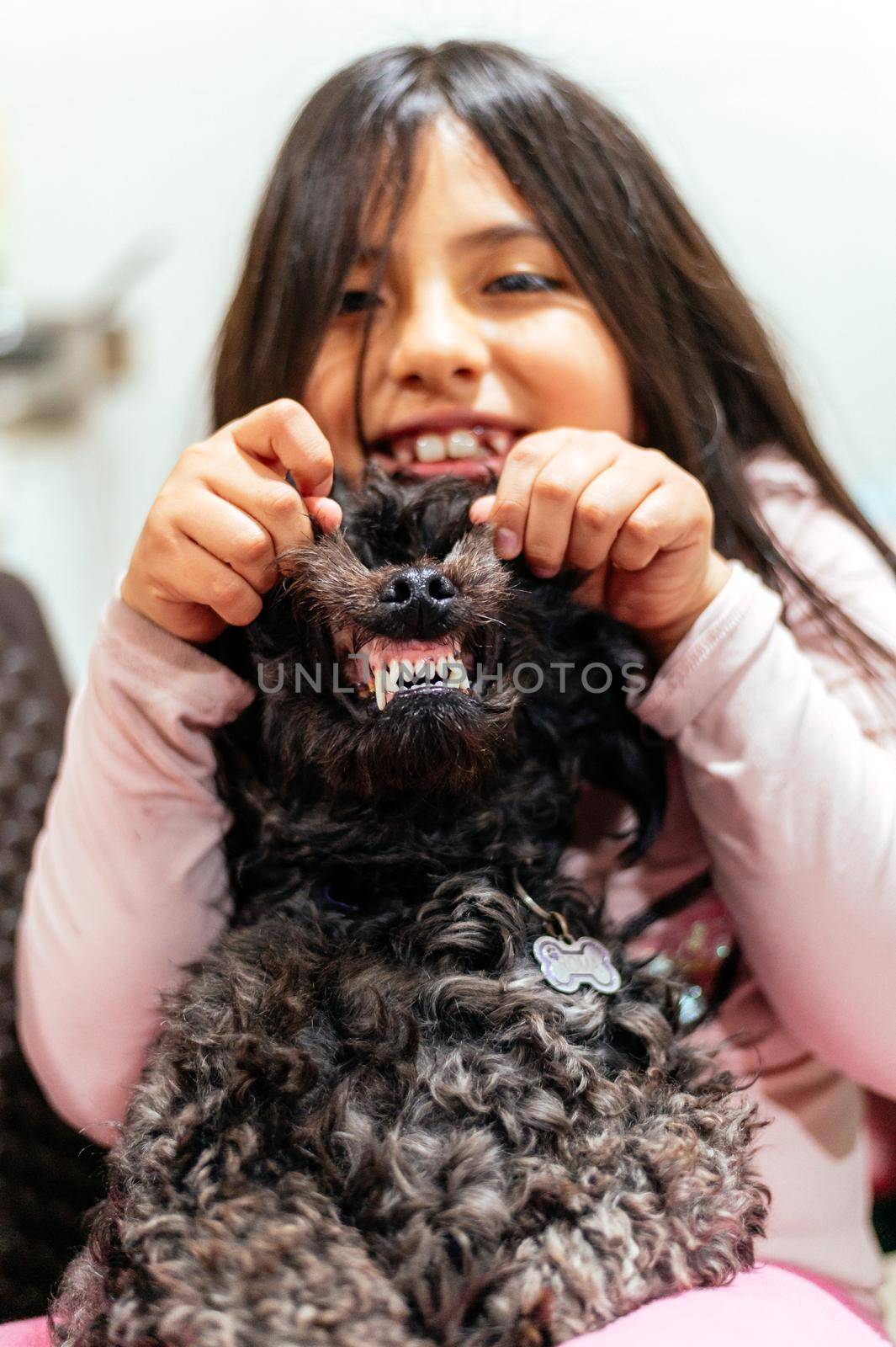 Adorable smiling little girl child schoolgirl holding and playing with pet dog. Best friends