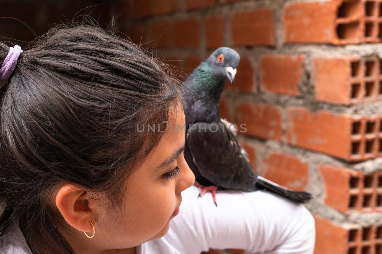 Little girl with her pet pigeon on her shoulder. by Peruphotoart