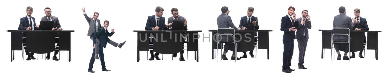 in full growth. two business people discussing something. isolated on white background