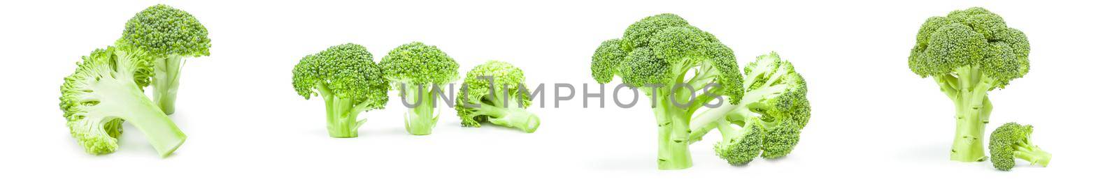 Collection of fresh head of broccoli isolated on a white background