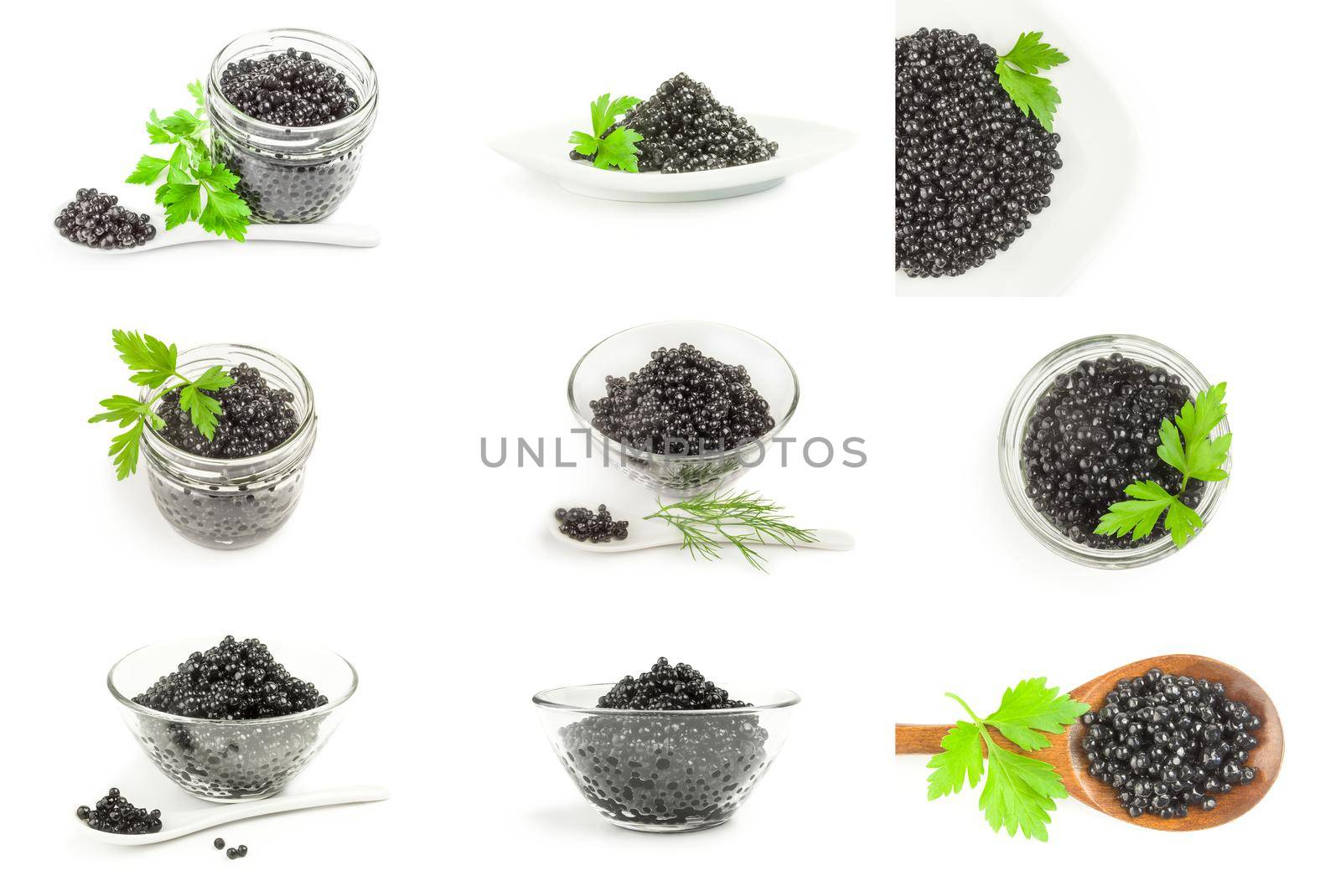 Collage of black beluga caviar isolated on a white background with clipping path by Proff