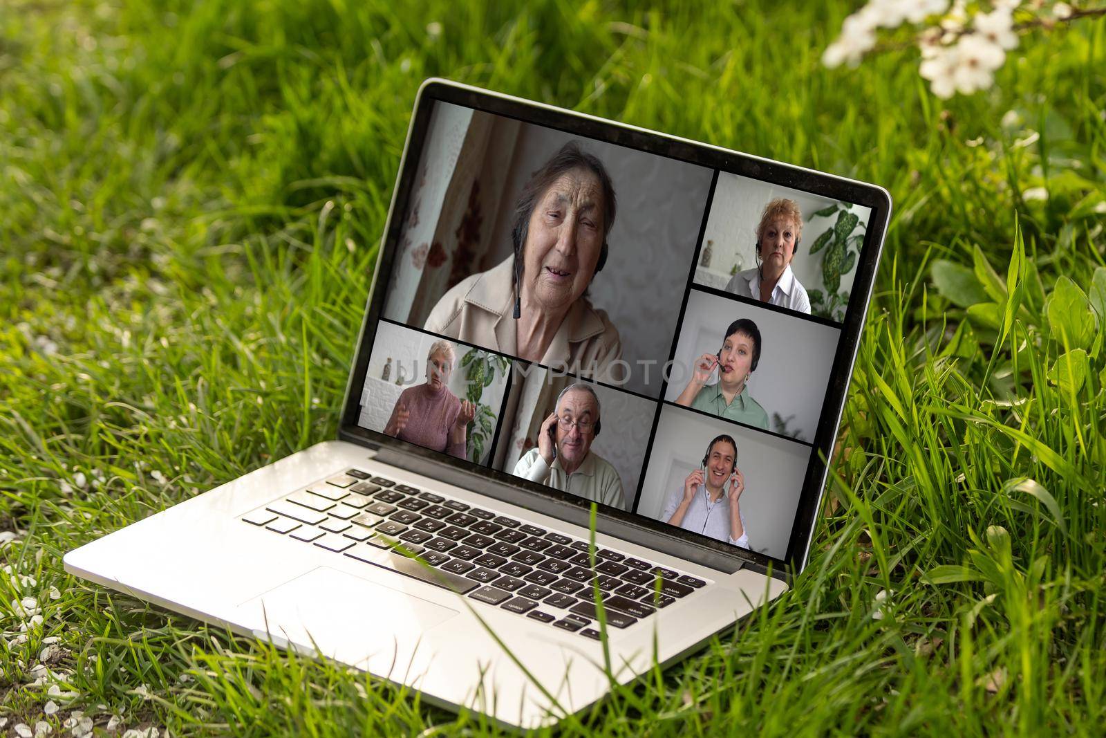 video conferencing on laptop PC in the garden on vacation in summer