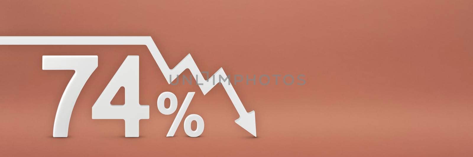 seventy-four percent, the arrow on the graph is pointing down. Stock market crash, bear market, inflation.Economic collapse, collapse of stocks.3d banner,74 percent discount sign on a red background