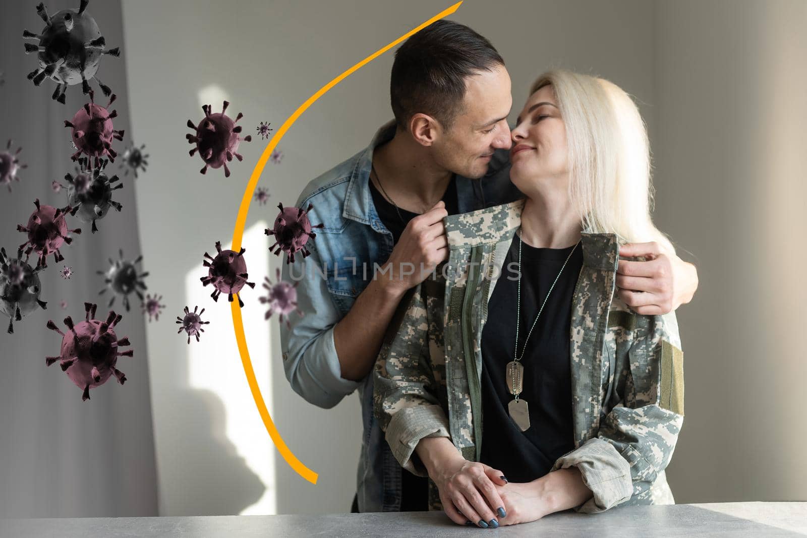 Cheerful young man in camouflage uniform soldierprotected from the virus by a dome, military man, copy space.