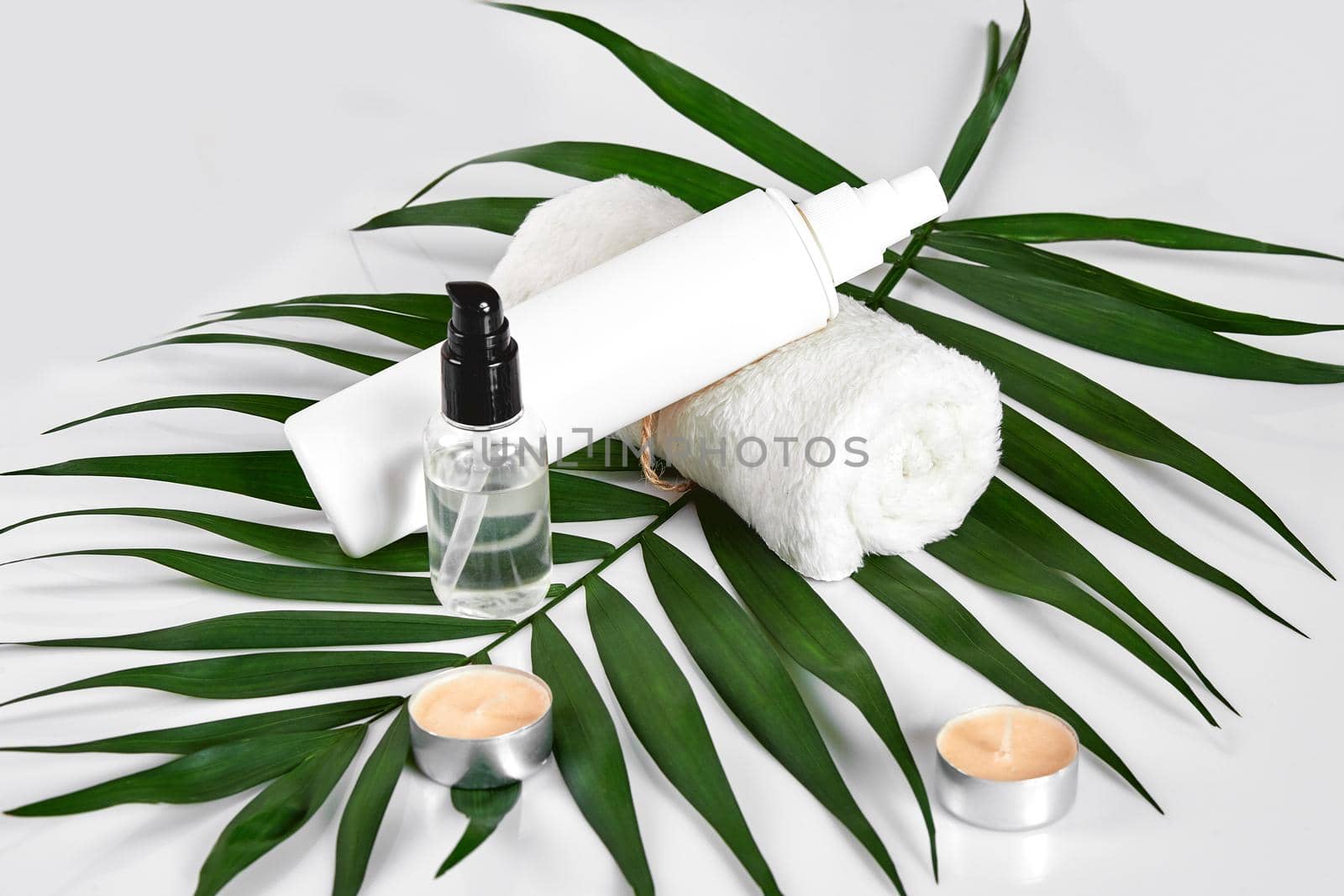White cosmetic products and green leaf on white background. Natural beauty products for branding mock-up concept. Still life. Copy space