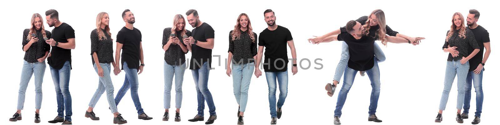 collage of photos of a couple of happy young people . isolated on a white background