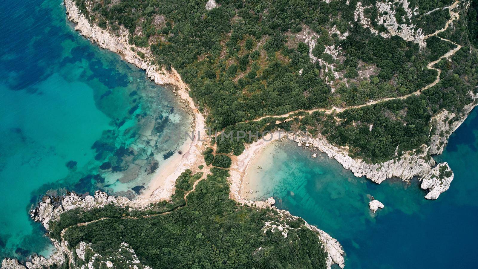 Aerial view of Porto Timoni beach and pirate bay on Corfu island in Greece. Ionian sea.