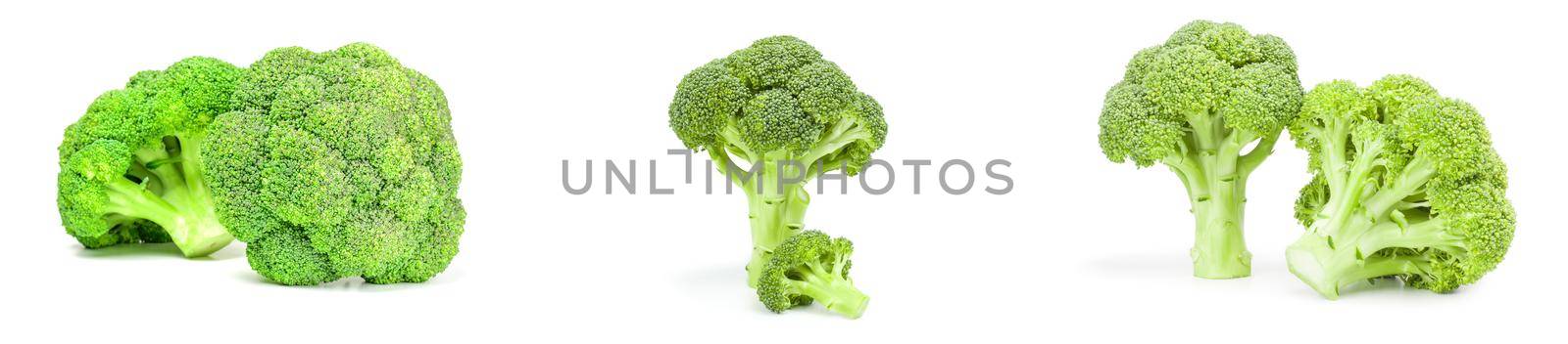 Collage of fresh green broccoli over a white background by Proff