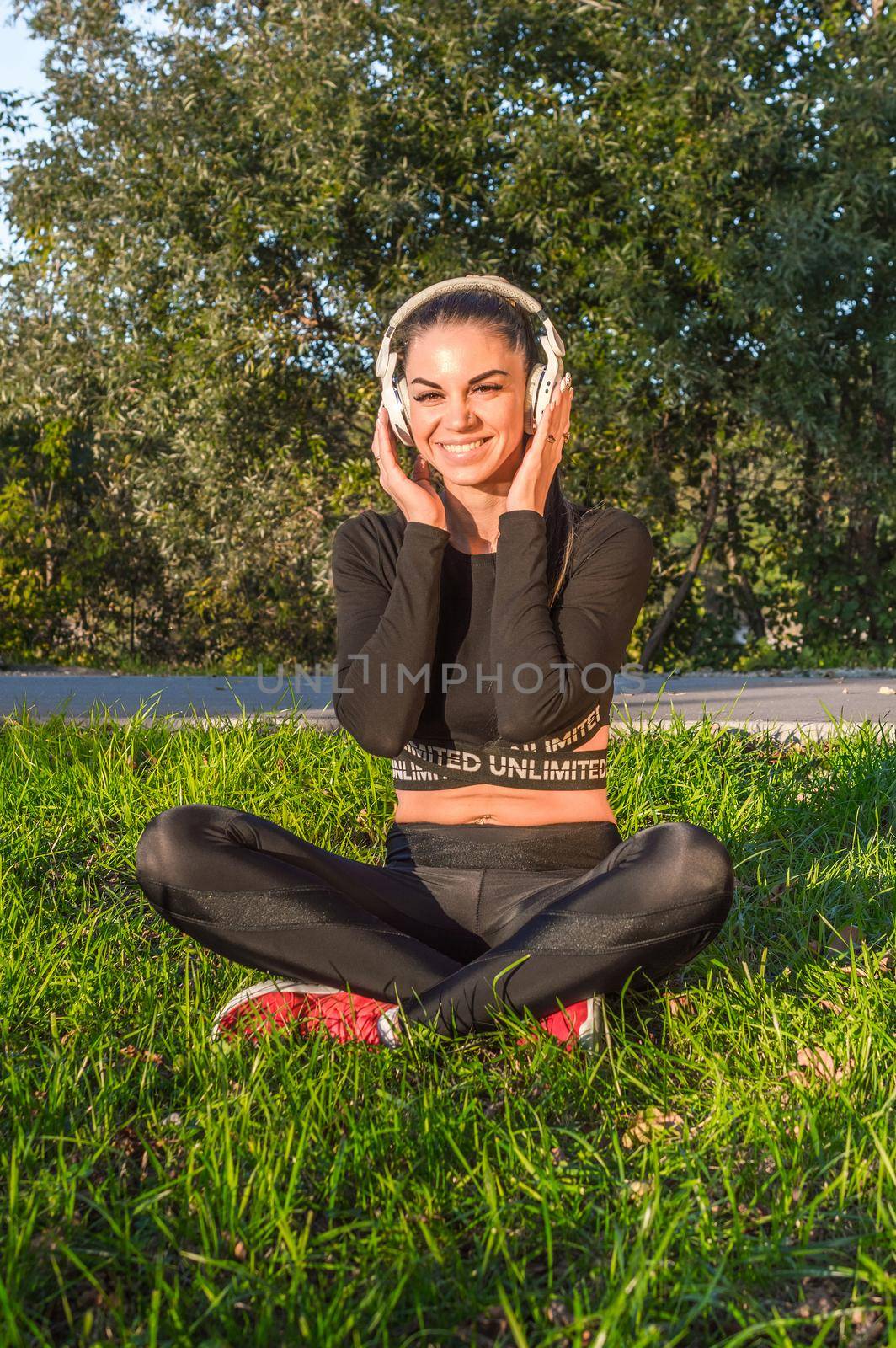 Girl - music lover and headphones listen music and smile by Proff