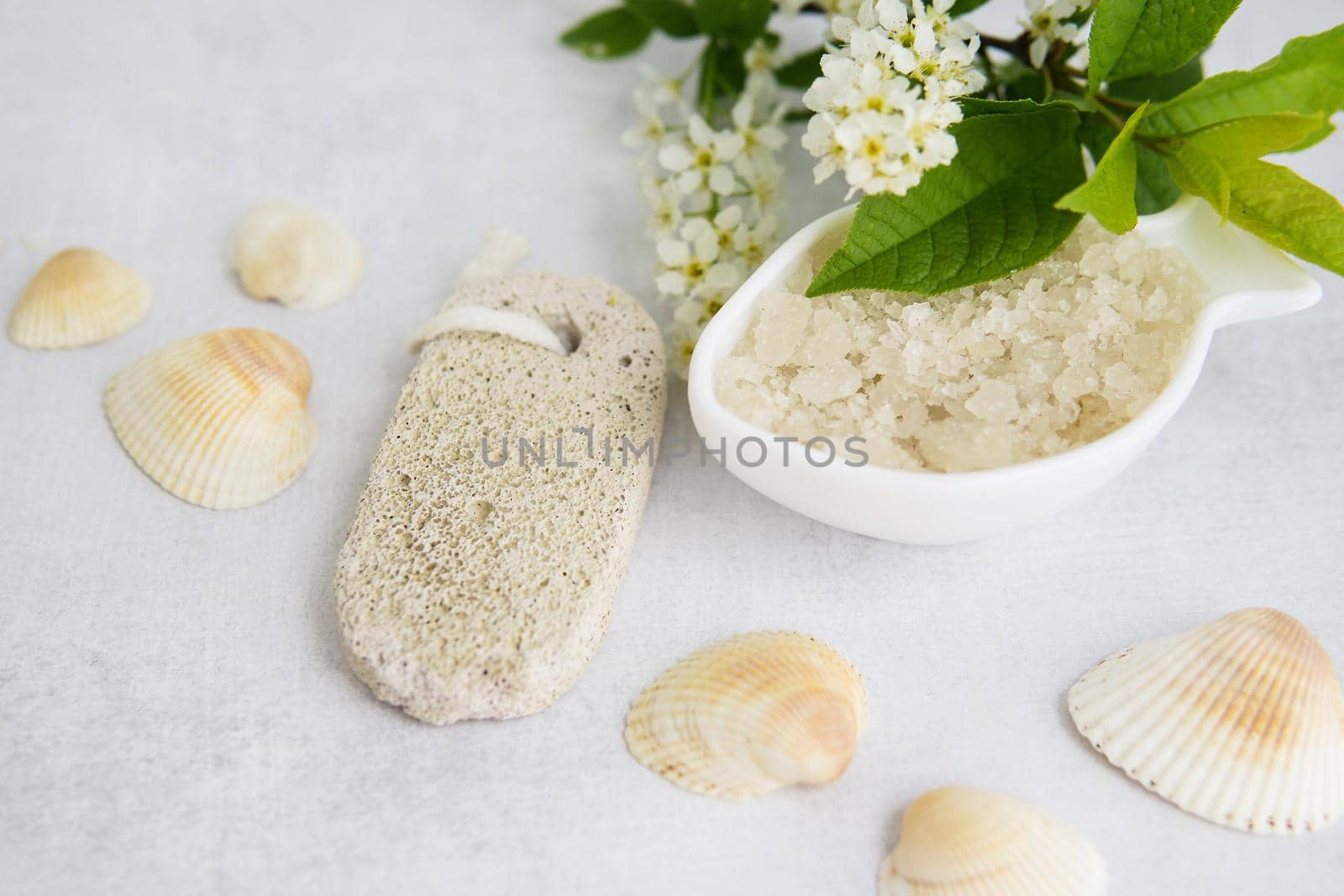 Concept of Spa-cosmetic and cosmetic procedures. Spa-sea salt in white dishes and seashells on light concrete background. The concept of a waste-free lifestyle. flatlay.
