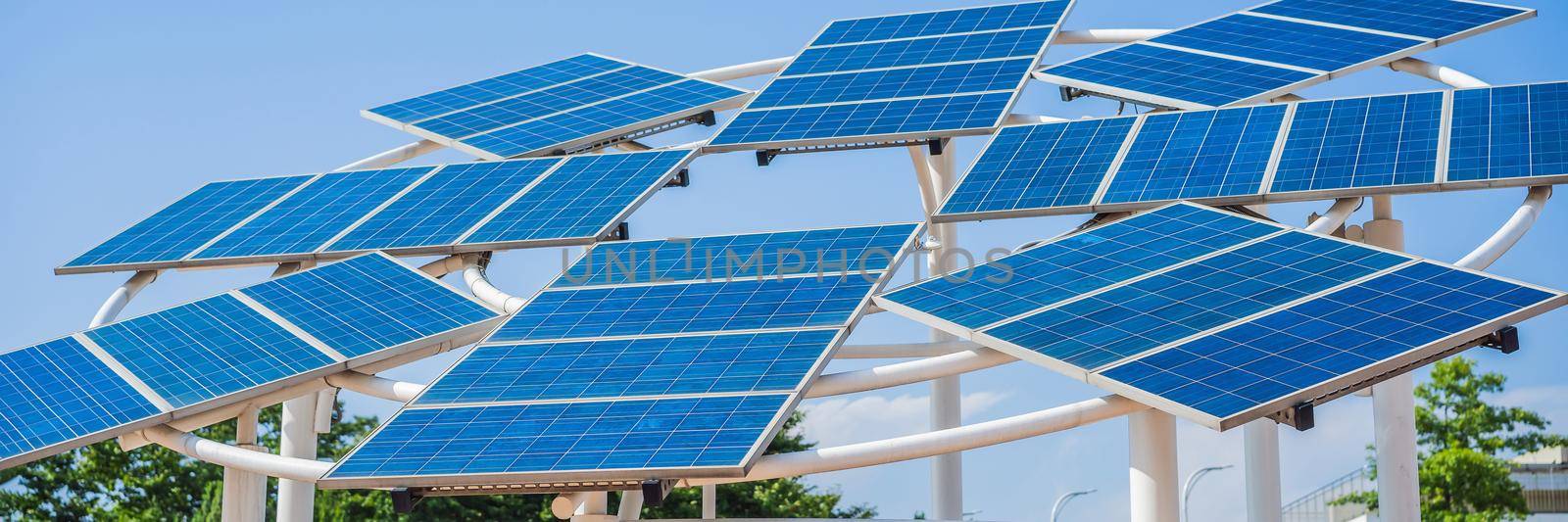 Power plant using renewable solar energy with sun BANNER, LONG FORMAT by galitskaya