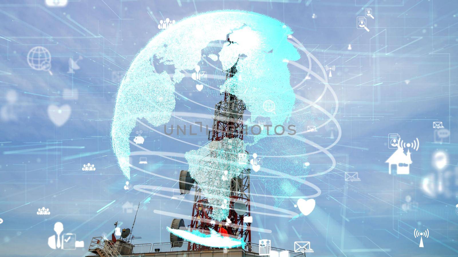 Telecommunication tower with 3D graphic of global business alteration by biancoblue