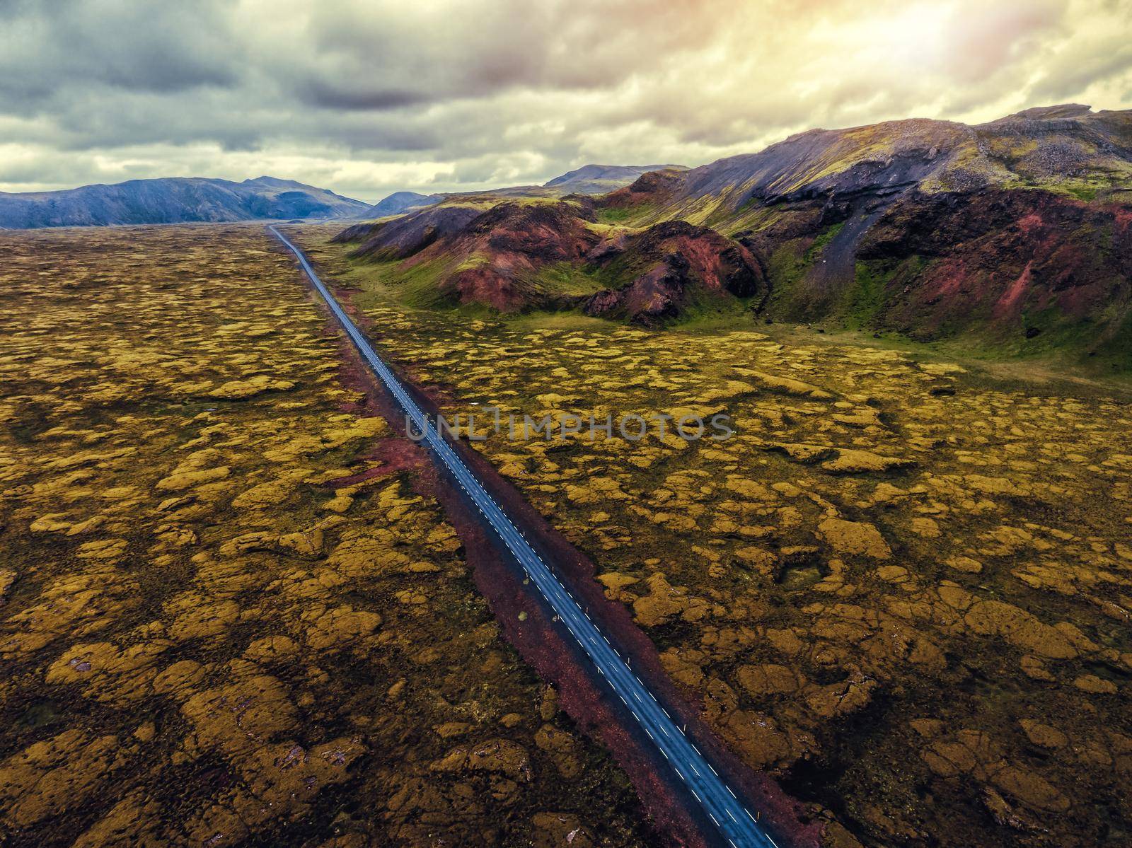 Aerial view of mossy lava field in Iceland, Europe.