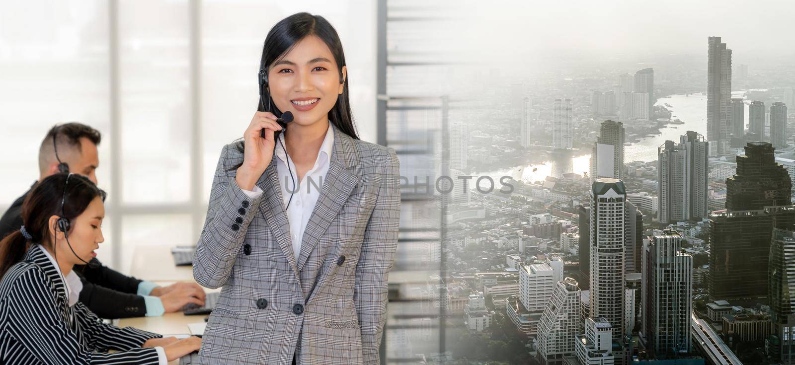 Business people wearing headset working in office broaden view by biancoblue