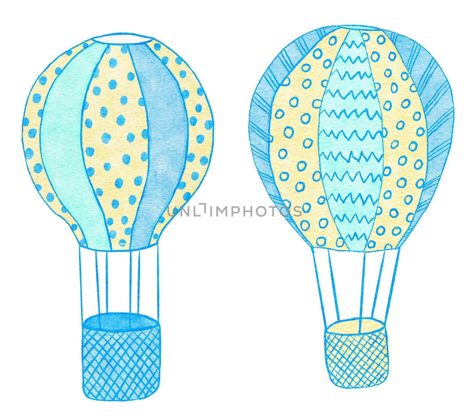 Watercolor hand drawn illustration of blue yellow cute balloons. Boy baby shower design for invitations greeting party, nursery clipart is soft pastelcolors modern minimalist print for kids children