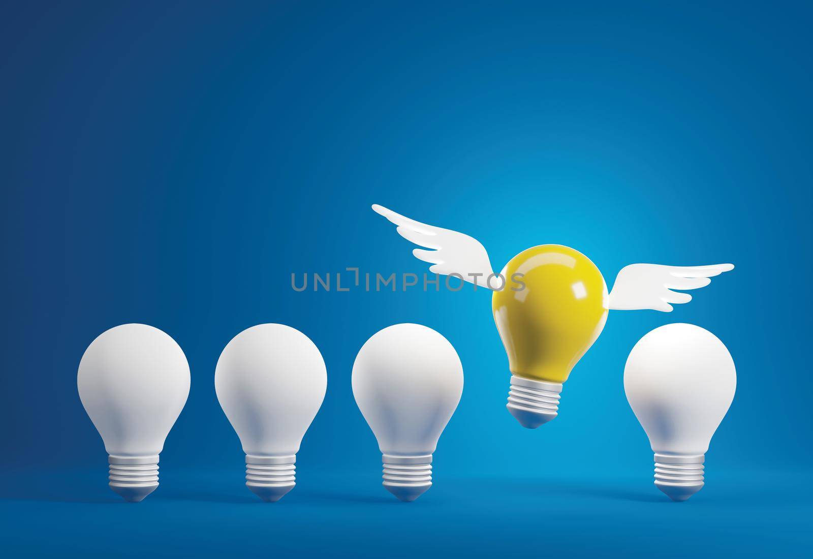 Business concept design of lightbulb with wing flying on blue background 3D render by Myimagine