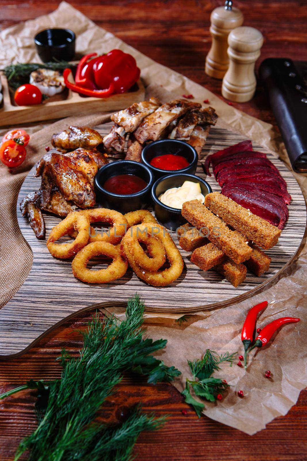 Food set for beer lovers, beer set, fried ribs, mix. Top view