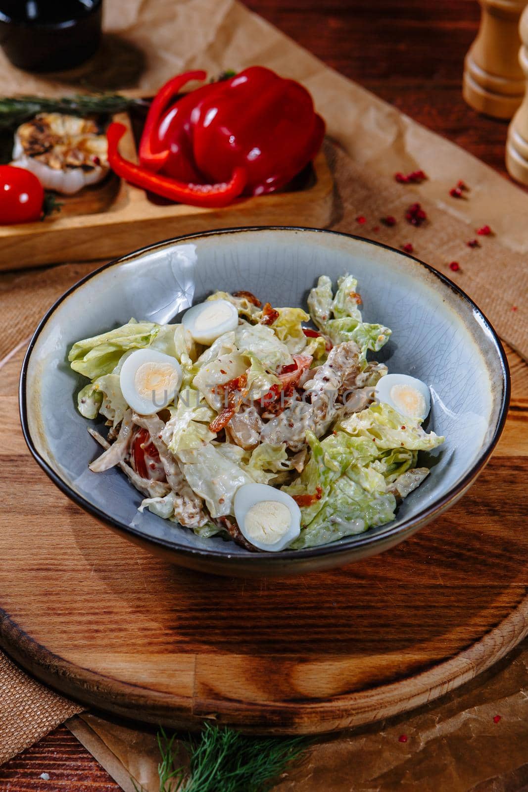 salad with quail eggs and dried tomatoes. Top view by deandy