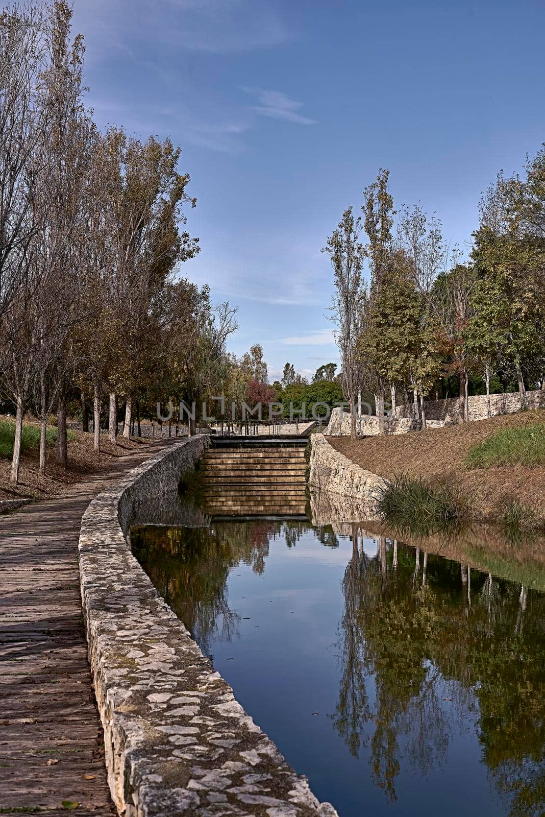 Quiet water channel in a park with trees by raul_ruiz