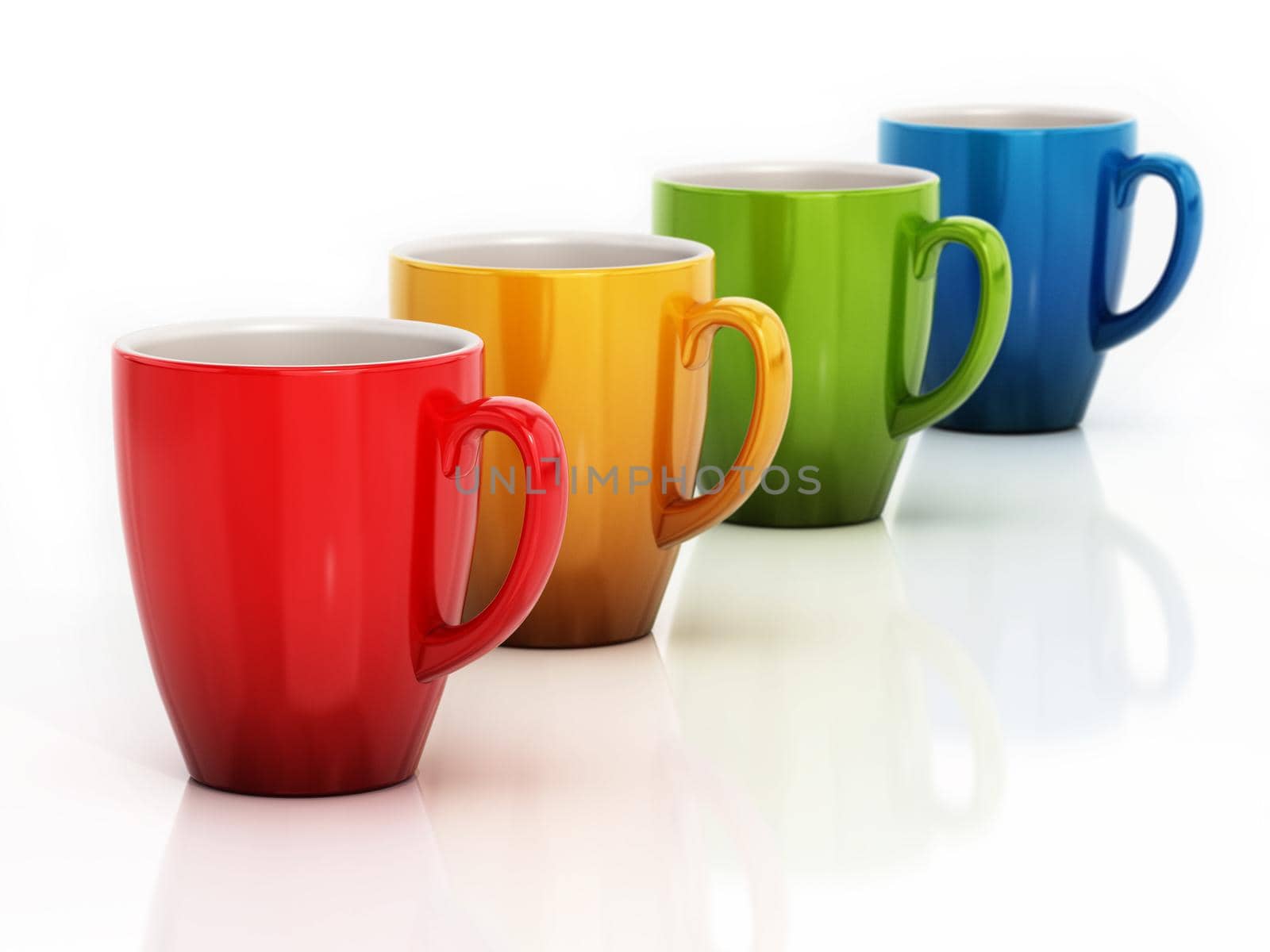 Colorful porcelain coffee cups isolated on white background. 3D illustration by Simsek