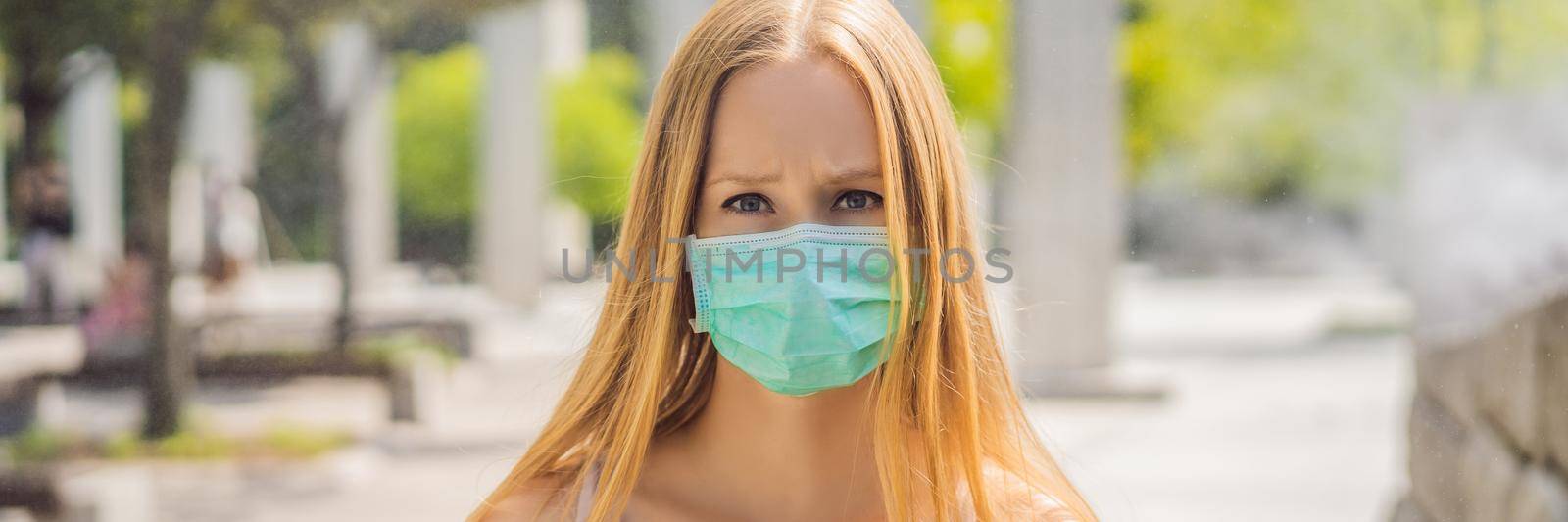 women wearing facial hygienic mask for Safety outdoor. People in masks because of fine dust. Problems found in major cities around the world. air pollution,Environmental awareness concept. BANNER, LONG FORMAT
